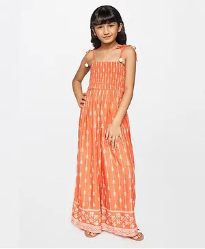 Global Desi Girl Casual Sleeveless Ankle Length Geometric With Regular Fit Jump Suit - Orange