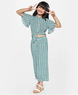 Global Desi Girl Half Sleeves Front Knot Top With Bottom - Green