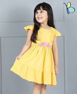 Hola Bonita Cap Sleeves Frock Floral Appliques - Yellow