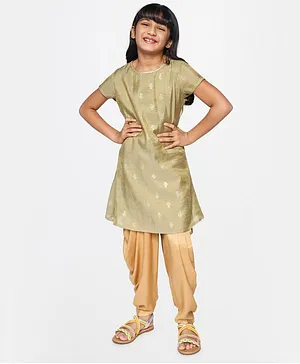 Global Desi Girl Short Sleeves Golden Foil Print Detailing Kurta - Green