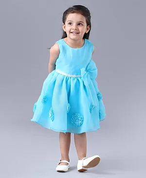 Enfance Sleeveless Solid Bow & Flower Applique A-Line Party Wear Dress - Sky Blue