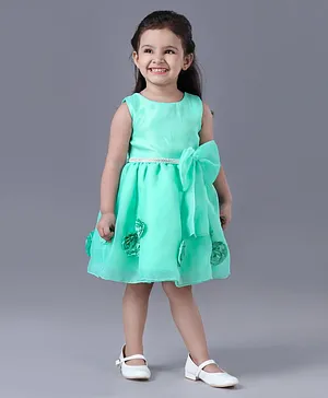 Enfance Sleeveless Solid Bow & Flower Applique A-Line Party Wear Dress - Sea Green