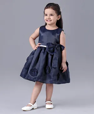 Enfance Sleeveless Solid Bow & Flower Applique A-Line Party Wear Dress - Blue