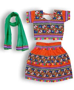 Tahanis Short Sleeves Embroidered Choli With Lehanga And Dupatta - Orange