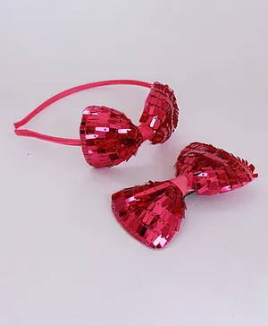 Milyra Sequined Bow Hair Band With Hair Clip Combo - Dark Pink