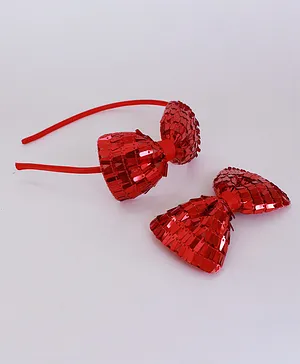 Milyra Sequined Bow Hair Band With Hair Clip Combo - Dark Red