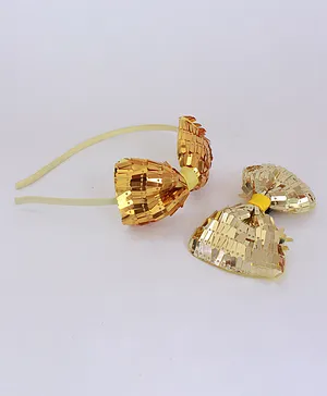 Milyra Sequined Bow Hair Band With Hair Clip Combo - Golden
