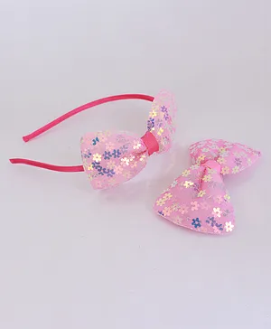 Milyra Sequined Bow Hair Clip With Hair Band - Pink