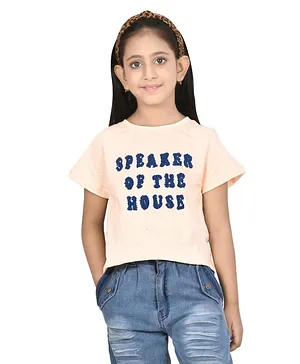Growing Tree Half Sleeves Speaker Of the House Hand Embroidered High Low Top - Peach