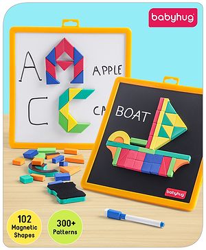 Babyhug Play N Learn Double Side Board with 102 Magnetic Shapes| Playset With Write & Wipe Feature| Puzzle Book with 300+ Patterns| 1 Sketch Pen and Duster Learning and Educational Toy for 4-6 Years Kids| Gifting Toy| BIS Certified