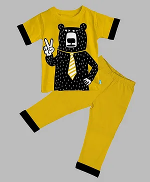 Plan B Half Sleeves Bear Print Night Suit  - Yellow