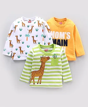 Babyhug Full Sleeves Tee Giraffe Print Pack of 3 - Yellow White Light Green