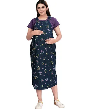 Mamma's Maternity Half Sleeves  Denim & Rayon Flower Printed Maternity Dress - Purple & Blue