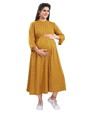 Mamma's Maternity Three Fourth Sleeves Polka Dot Printed Maternity Dress - Yellow