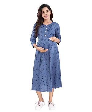 Mamma's Maternity Three Fourth Sleeves Stars Print Detailing Dress - Light Blue