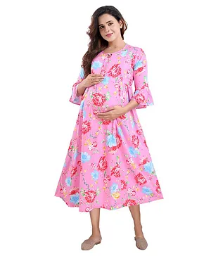 Mamma's Maternity Three Fourth Sleeves Floral Print Dress - Pink