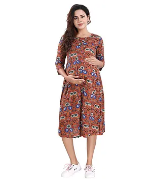 Mamma's Maternity Three Fourth Sleeves Floral Print Maternity Dress - Brown