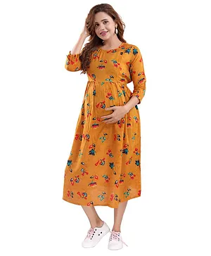 Mamma's Maternity Three Fourth Sleeves Leaves Print Dress - Yellow