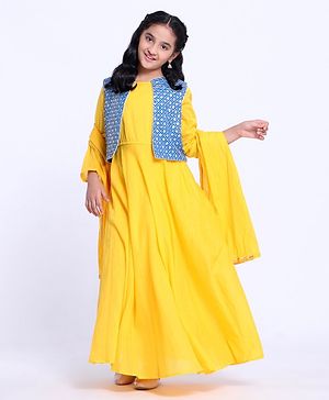 Pine Kids Full Sleeves Ethnic Kurti and Sequined Jacket with Dupatta - Yellow