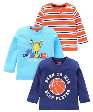 Babyhug Full Sleeves Printed Tee Pack of 3  - Sky & Navy Blue Red