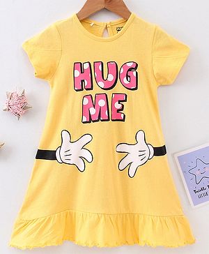 Babyhug Half Sleeves Knee Length Nighty Minnie Mouse Print - Yellow