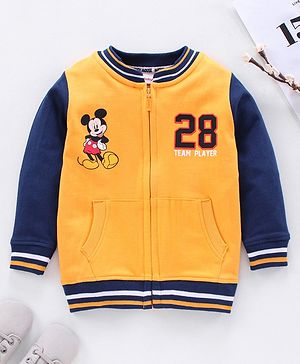 Babyhug Full Sleeves Sweat Jacket Mickey Mouse Print - Yellow Blue
