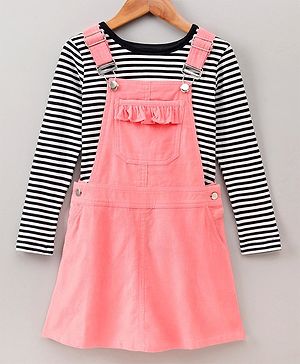 Pine Kids Bio Washed Striper Full Sleeves Tee with Dungaree Style Frock - Pink