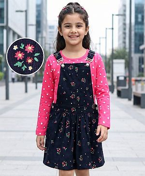 Pine Kids Bio Washed Polka dot Full Sleeves Tee with Dungaree Style Frock - Blue