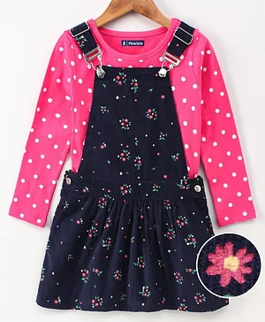 Pine Kids Bio Washed Polka dot Full Sleeves Tee with Dungaree Style Frock - Blue