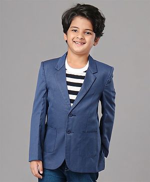 Pine Kids 100% Cotton Lycra Woven Full Sleeves Solid 3 Piece Party Suit With Striped Inner Tee - Blue