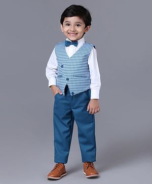 Babyhug 3 Piece Full Sleeves Checks Party Suit With Bow - Blue White