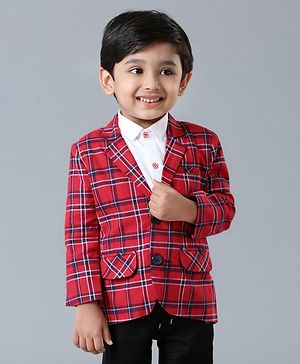 Babyhug Full Sleeves Party Wear Checked Blazer - Red