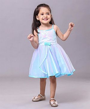 Babyhug Singlet Sleeves Frock With Bow Applique - Blue