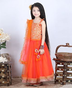 Babyhug Sleeveless Embellished Choli & Lehenga With Dupatta - Orange