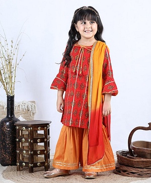Babyhug Three Fourth Sleeves Kurti with Pant & Dupatta - Red