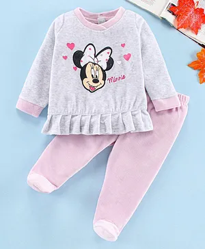 Disney by Babyhug Full Sleeves Footed Night Suit Minnie Mouse Embroidery - Grey Pink