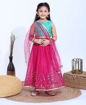 Babyhug Sleeveless Choli & Lehenga With Dupatta - Turquoise Green  Pink