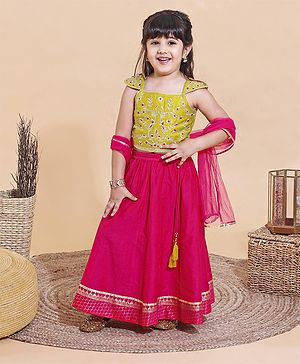 Babyhug Cap Sleeeve Choli Lehenga Dupatta Set Floral Embroidery - Fuschia Mustard