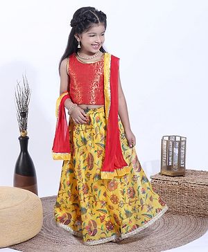 Babyhug Sleeveless Choli & Lehenga With Dupatta Floral Print -Red Yellow Babyhug Sleeveless Choli & Lehenga With Dupatta Floral Print -Red Yellow