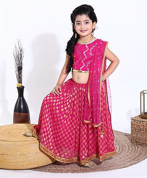 Babyhug Sleeveless Choli & Lehenga with Dupatta Motif Print - Fuschia