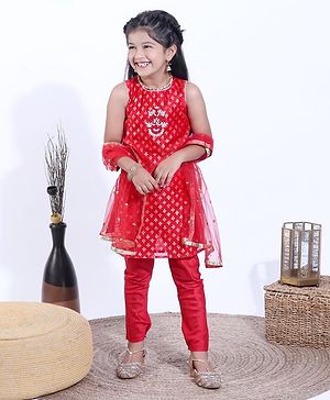 Babyhug Sleeveless Kurti & Churidaar With Dupatta Floral Embroidery - Red