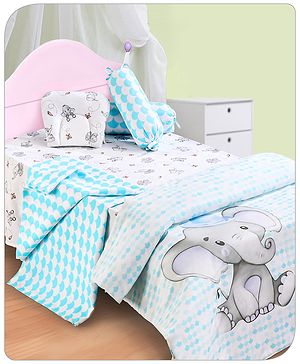 Babyhug Premium 180 TC Cotton Baby Bedding Essentials Set Pack of 6 Elephant Theme -Blue