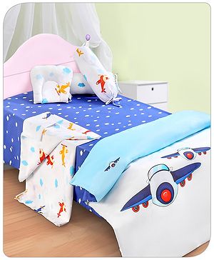 Babyhug Premium 180 TC Cotton Baby Bedding Essentials Set Pack of 6 Aeroplane Theme-Navy Blue - L 117 x B 109 cm Multi Color