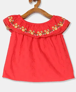 Cherokee Cap Sleeves Top Floral Embroidery - Red