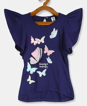 Cherokee Flutter Sleeves Studded Top Butterfly Print - Blue