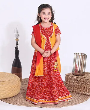 Exclusive from Jaipur Short Sleeves Bandhani Choli & Lehenga With Dupatta - Red Orange