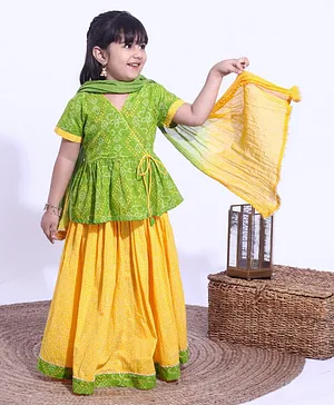 Exclusive from Jaipur Half Sleeves Bandhani Jhabla Choli & Lehenga With Dupatta - Green Yellow
