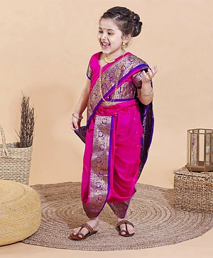 Bhartiya Paridhan Jari Border Nine Yard Style Saree and Half Sleeves Blouse Set - Pink