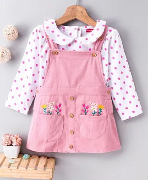 Babyhug Singlet Corduroy Frock with Full Sleeves Inner Tee Floral Embroidered - Pink