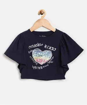 One Friday Half Sleeves Sequined Heart Top - Blue